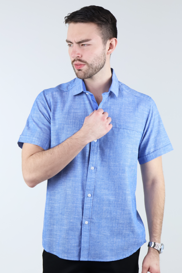 Camisa Azul Jaspe Moderna Hombre Manga Corta Con Bolsa Interior Oculta